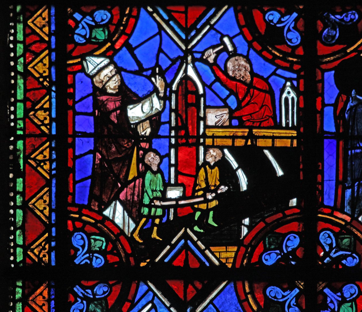 A w06 ablak egy templom építését ábrázolja alkotó: French School