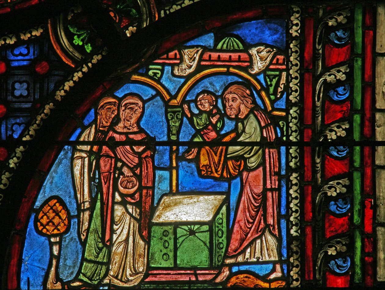 A templomi bemutatót ábrázoló w0 ablak alkotó: French School