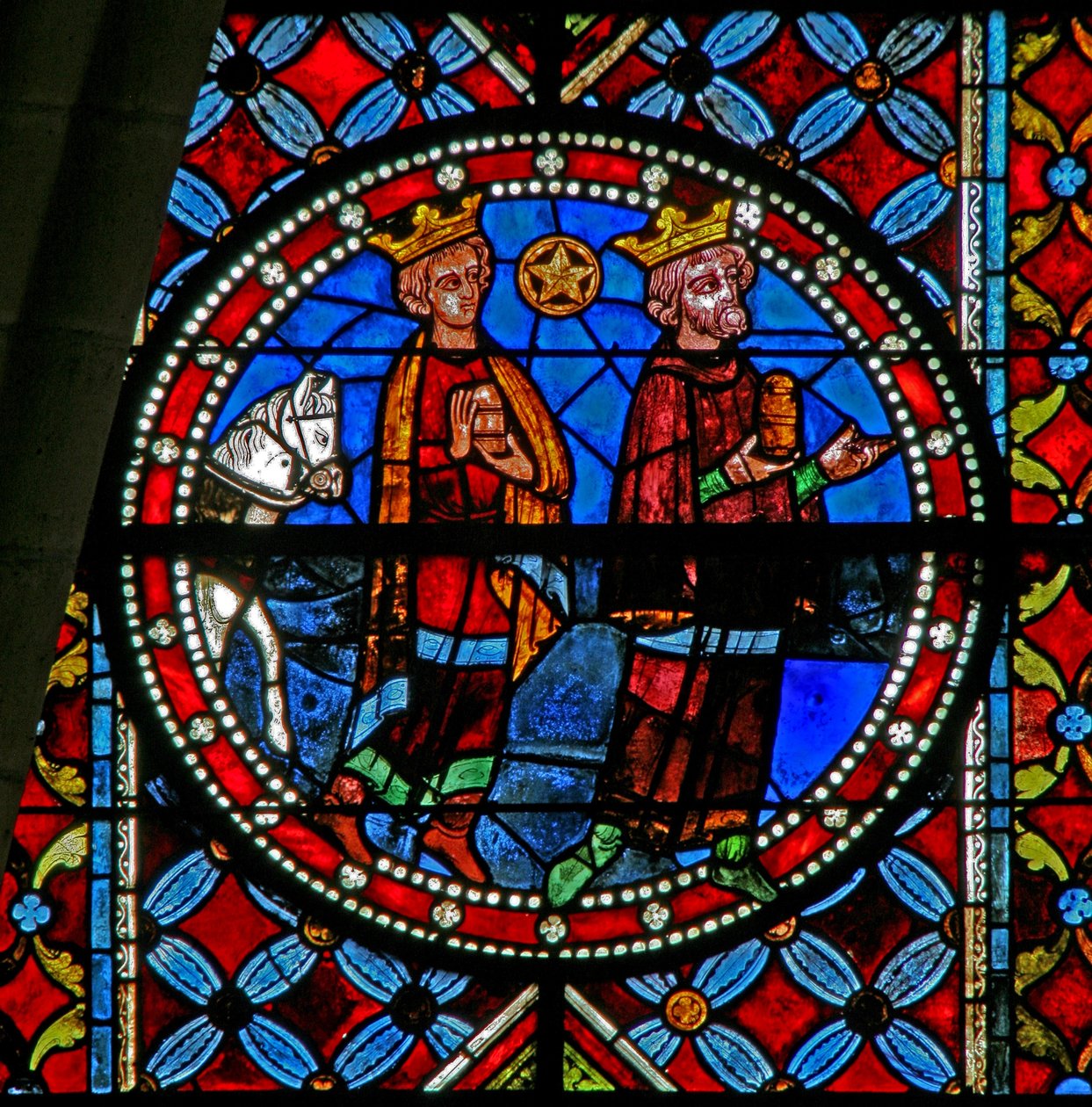 A mágusok imádatát ábrázoló w102 ablak alkotó: French School
