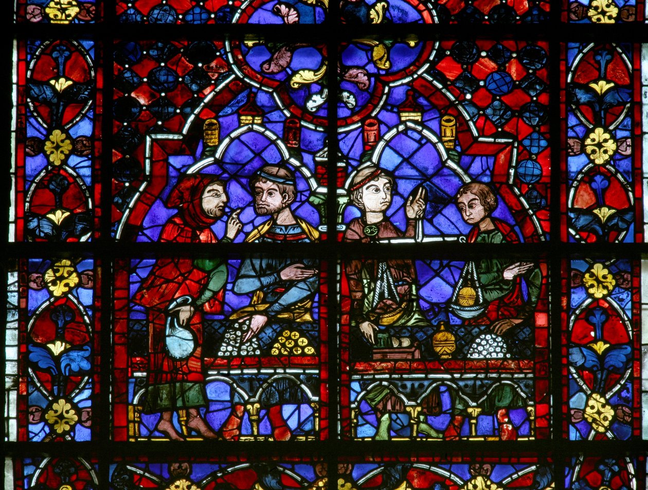 Ablak w105, amely adományozókat - pénzváltókat ábrázol alkotó: French School