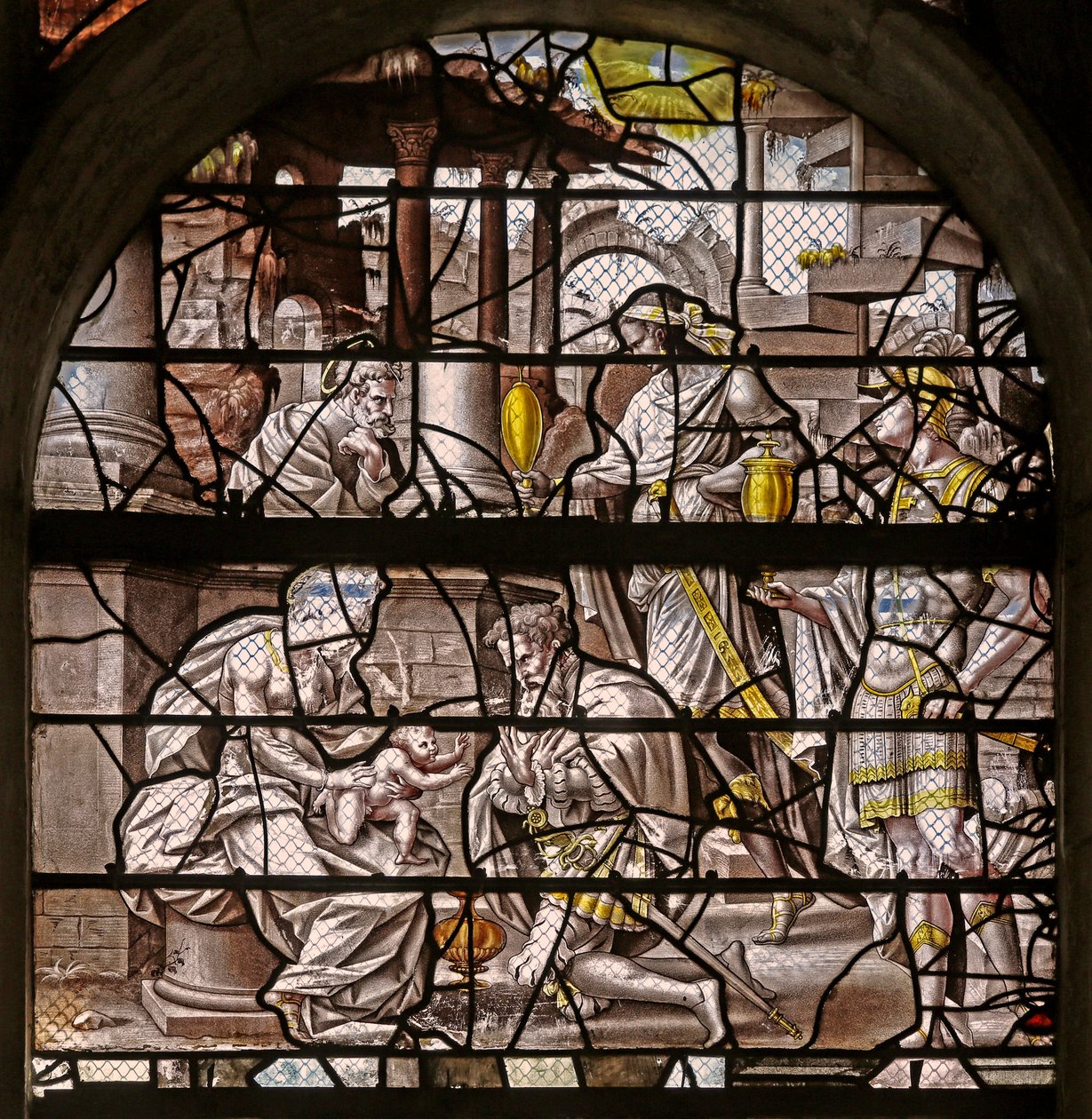 W10 ablak, amely az Adoration of the Magi-t ábrázolja: Durer tervei és a Master of Des tervei adaptációi a Psyche történetéhez!n alkotó: French School