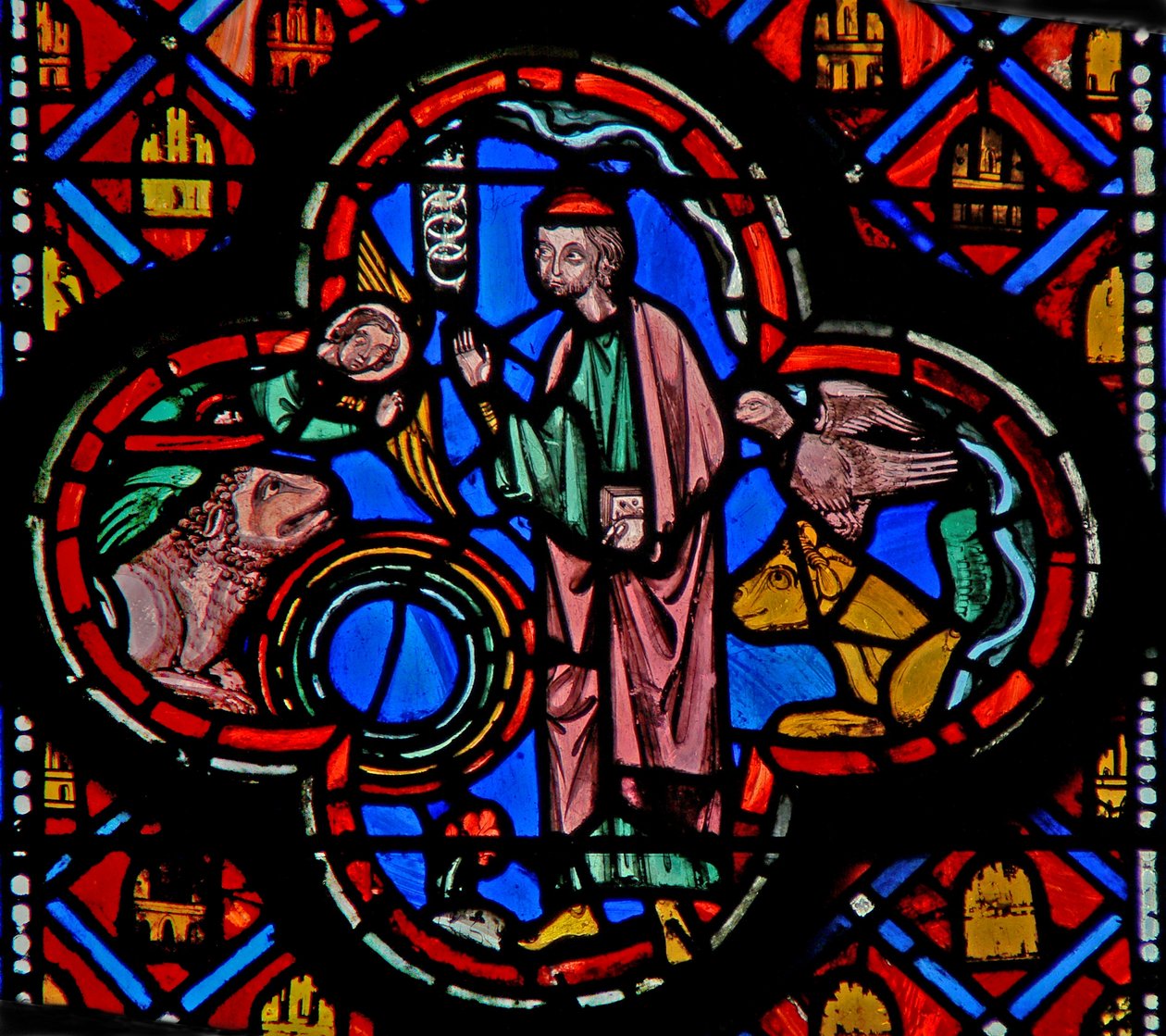 Window w10 a Négy élőlény víziója és a kerekeken belüli kerekek Ex I 4 és III 23 alkotó: French School