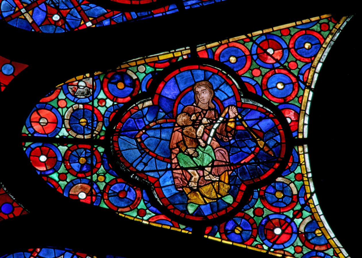 A w115 ablak, amely Évát ábrázolja, amint gyermekét, Seth-et eteti alkotó: French School