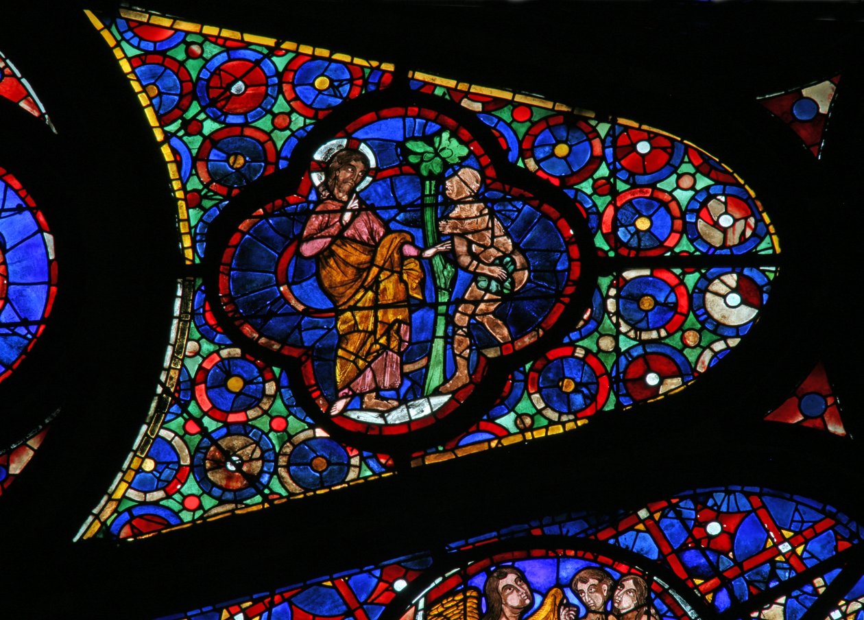 Istent ábrázoló w115 ablak Ádámhoz szól alkotó: French School