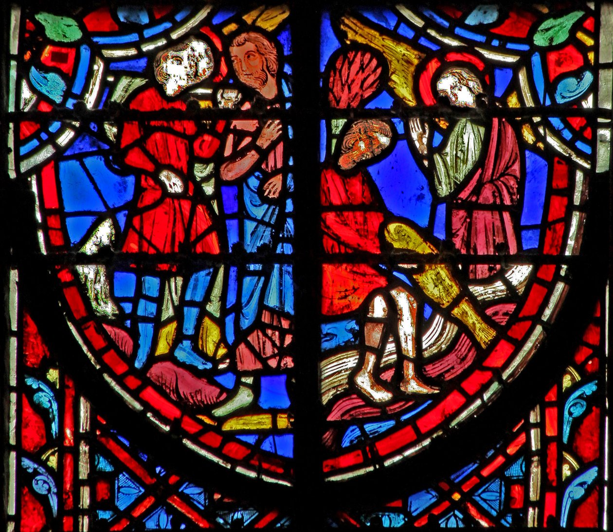 Window w11 Tobias megérkezik Raguels házába (L) a fiatal Tobias halat fog (R) Tob VI 4 alkotó: French School