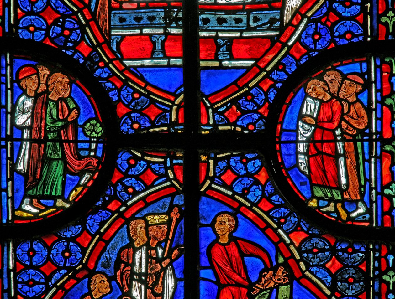 W11-es ablak, amely a St Andrews temetésénél szemlélődőket ábrázol alkotó: French School