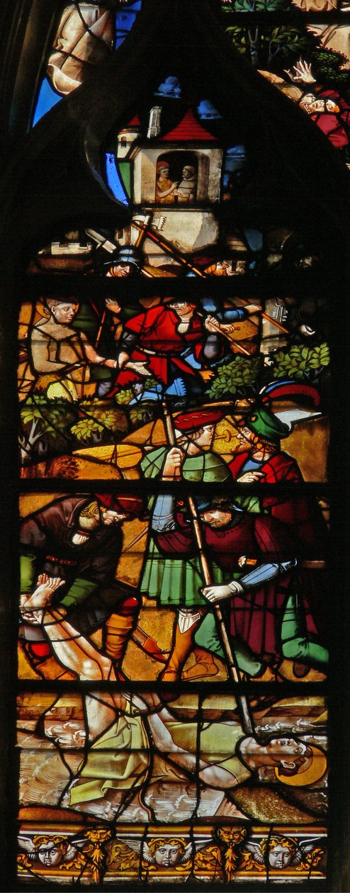 Ablak w122, amely jeleneteket ábrázol egy szent életéből alkotó: French School