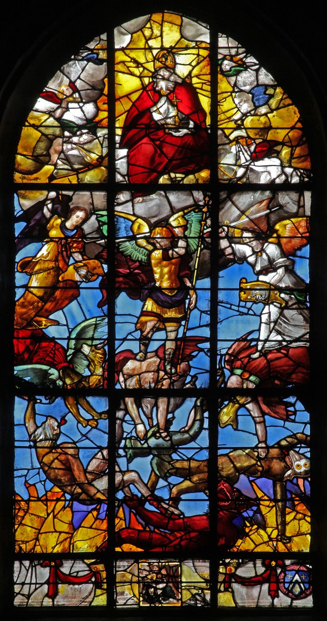 W12 ablak, amely Szent Mihályt és a lázadó angyalokat ábrázolja alkotó: French School