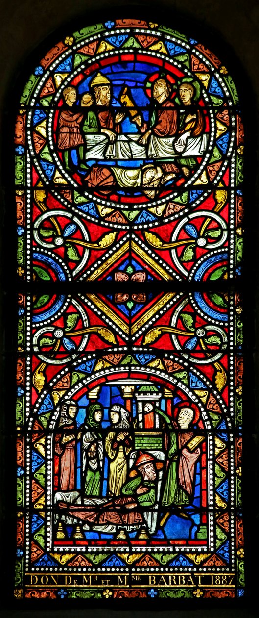 W13-as ablak, amely a 19. századi templomot ábrázolja. Ez a két tábla a C13 elejéből származik, és a legrégebbi üveg Chalonsban alkotó: French School