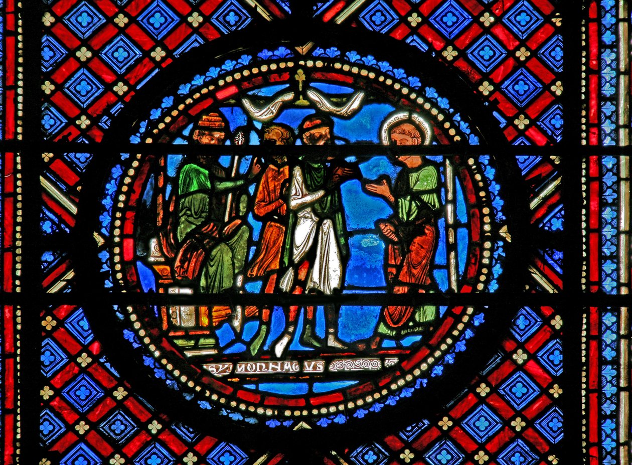 A w14-es ablak Simon Mágust és Szent Pétert ábrázolja Heródes előtt alkotó: French School