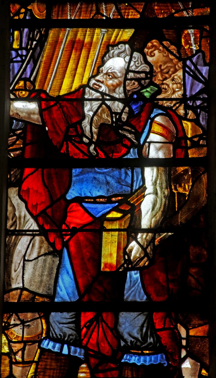 A Mózest ábrázoló w16 ablak (modern fejjel) megszervezi a Manna gyűjtését (egyes figurák Michelangelo figuráinak másolatai) alkotó: French School