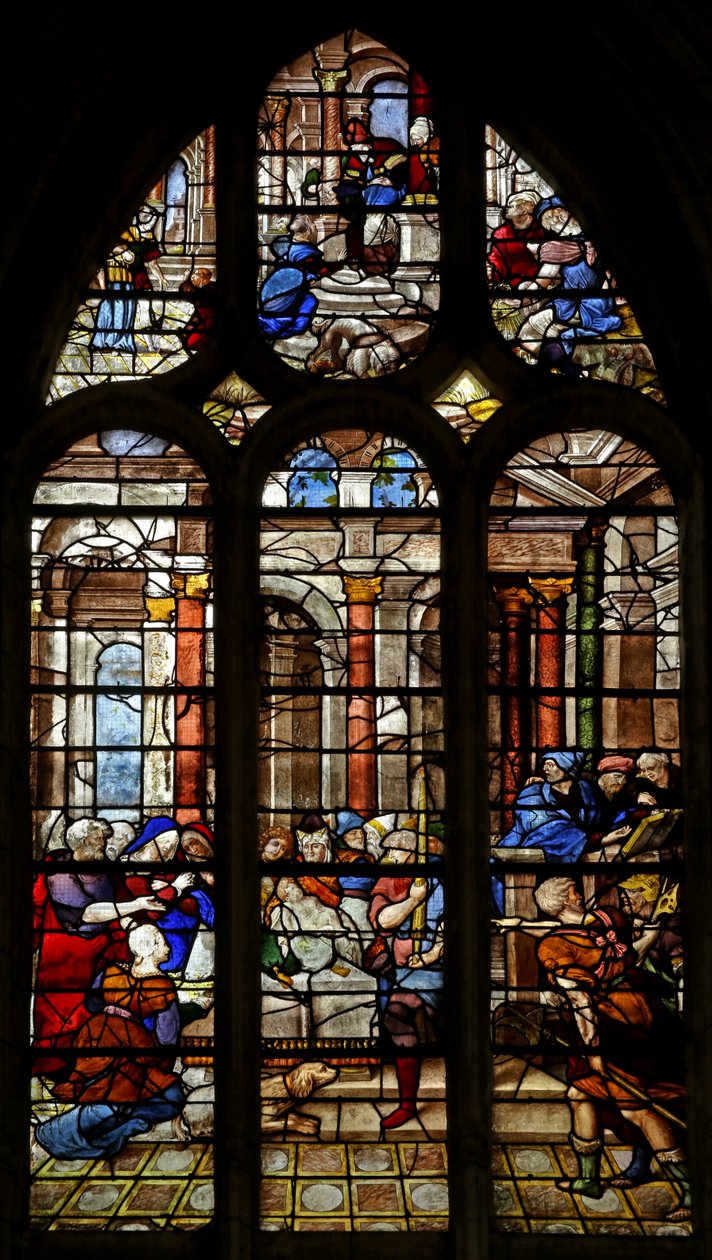 A templomi bemutatót ábrázoló w17 ablak alkotó: French School