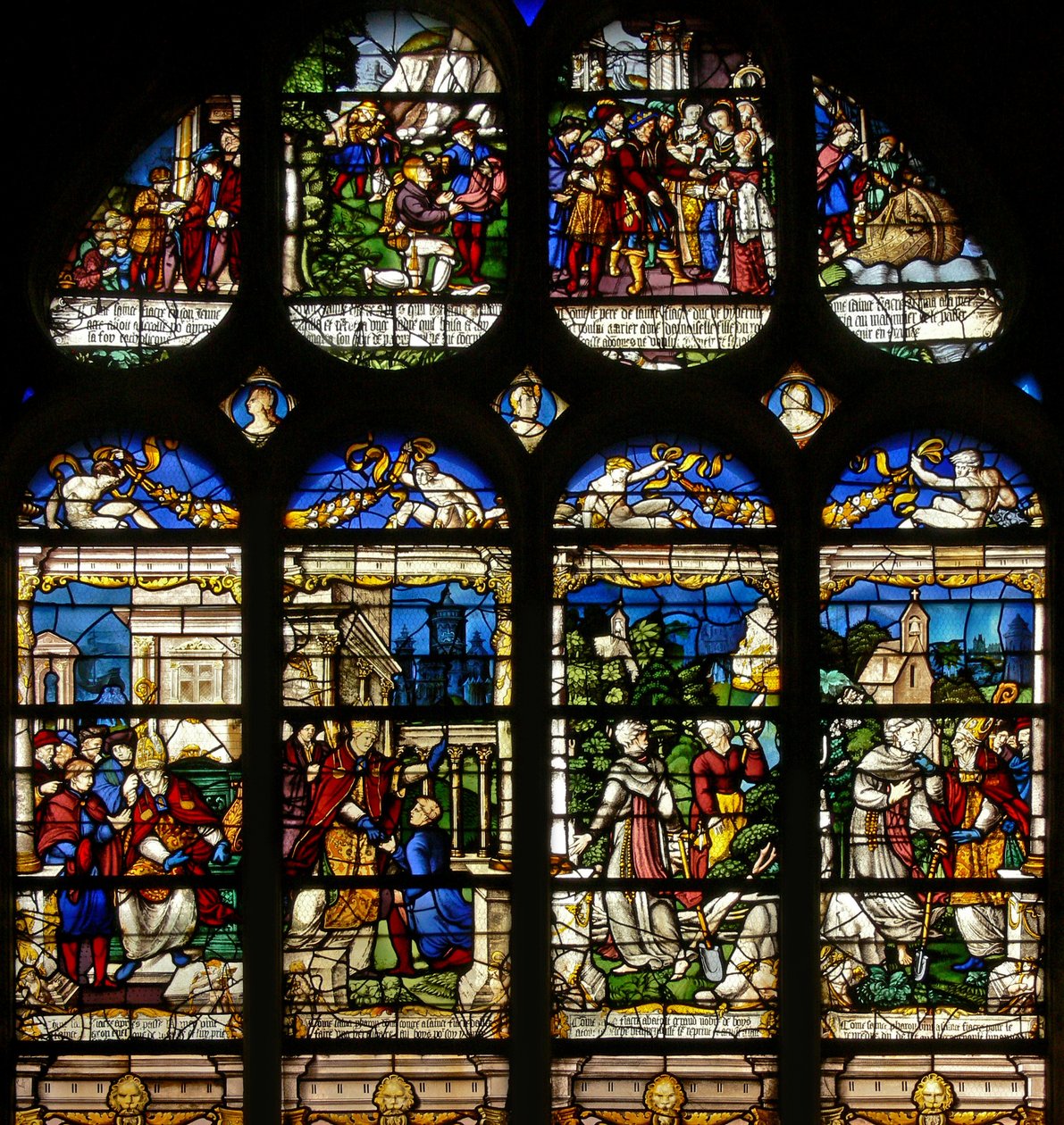 A w19-es ablak Szent Fiacre életének jeleneteit ábrázolja alkotó: French School