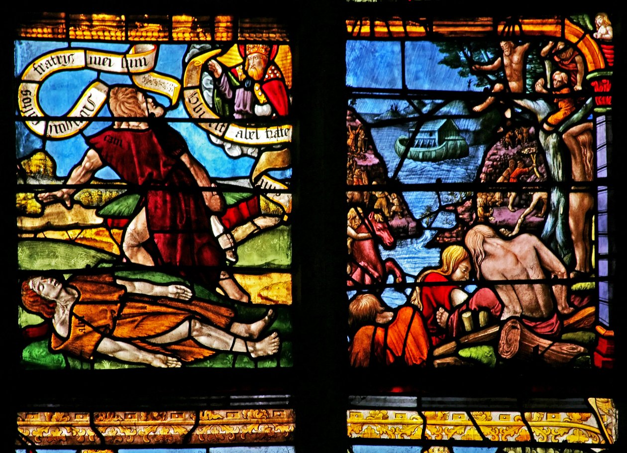 W1 ablak, amely Káin megöli Ábelt; Noé bárkája alkotó: French School