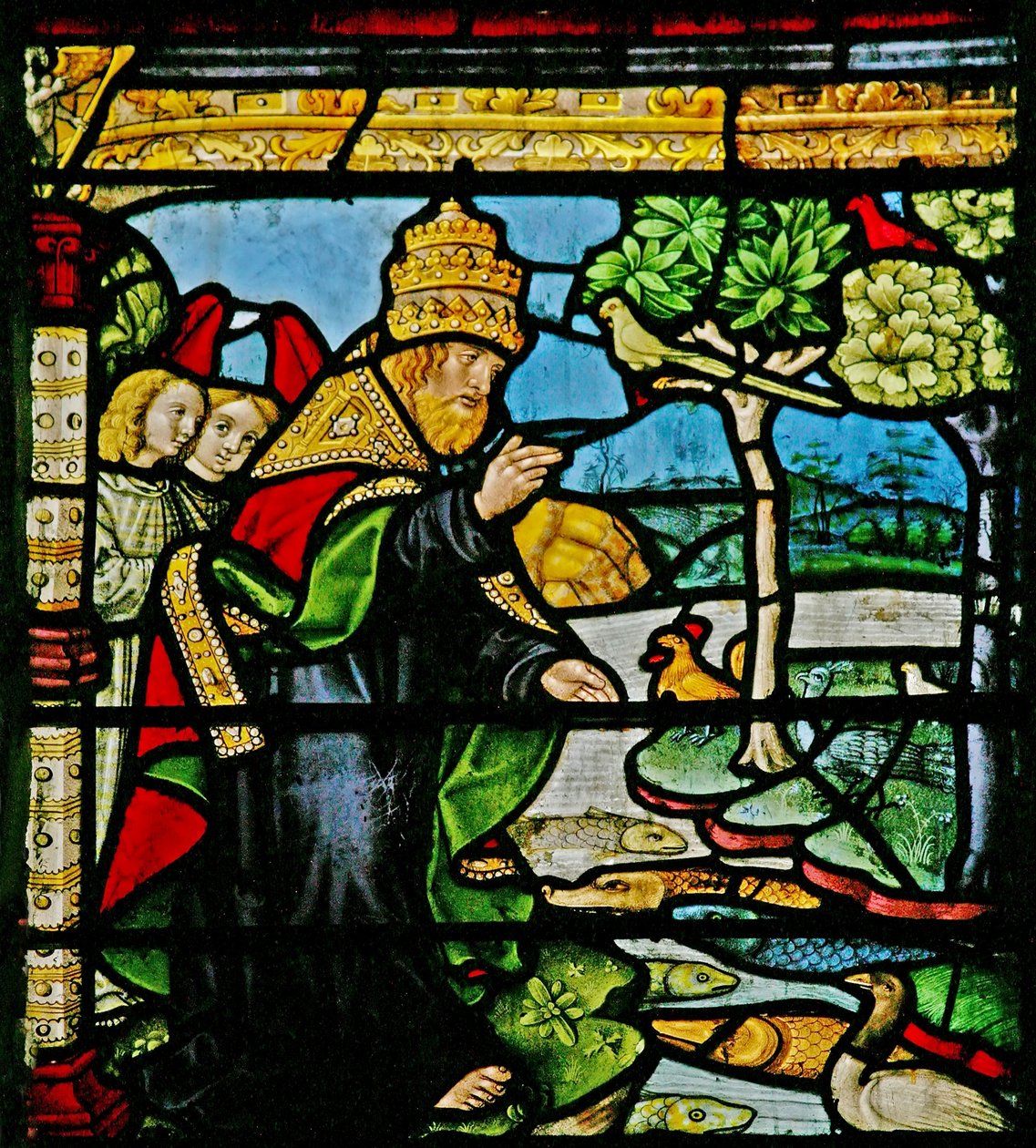 W1 ablak, amely a halak és szárnyasok teremtését ábrázolja alkotó: French School