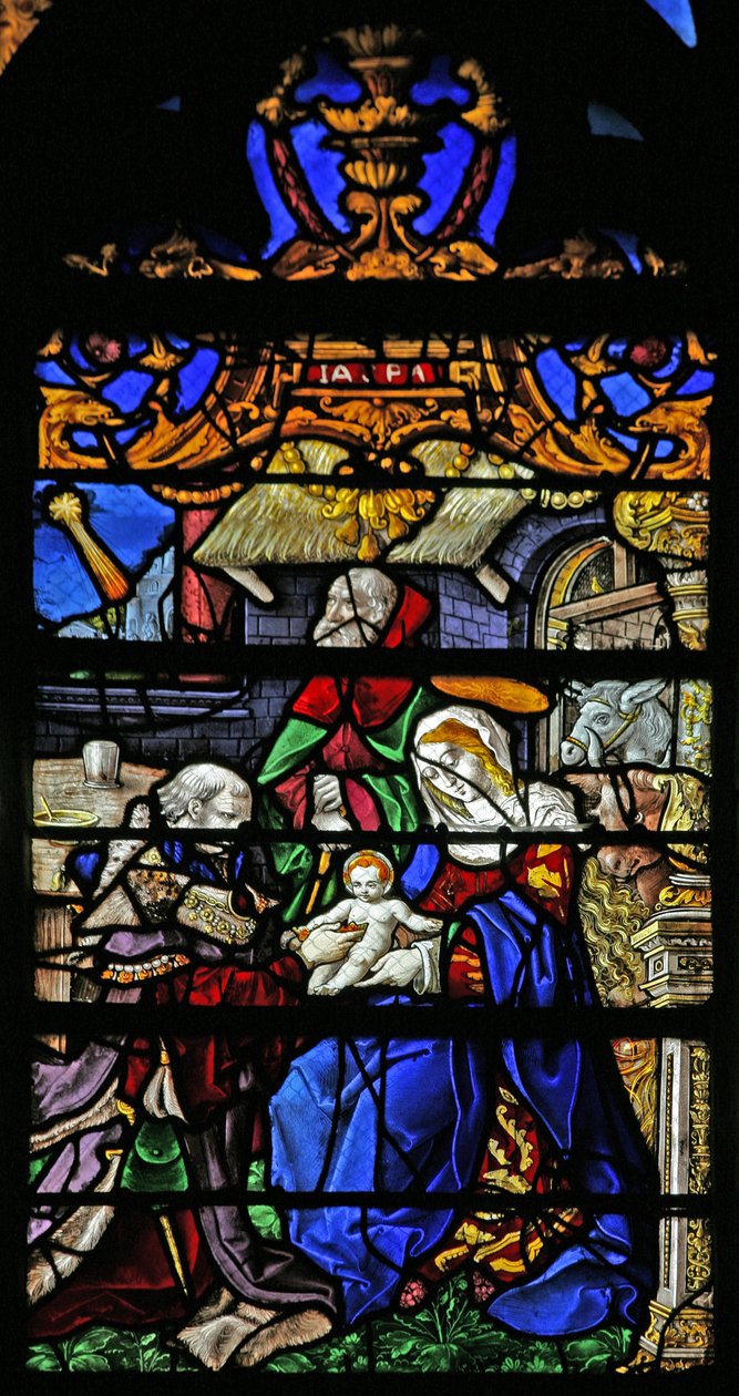 A mágusok imádatát ábrázoló w21 ablak alkotó: French School