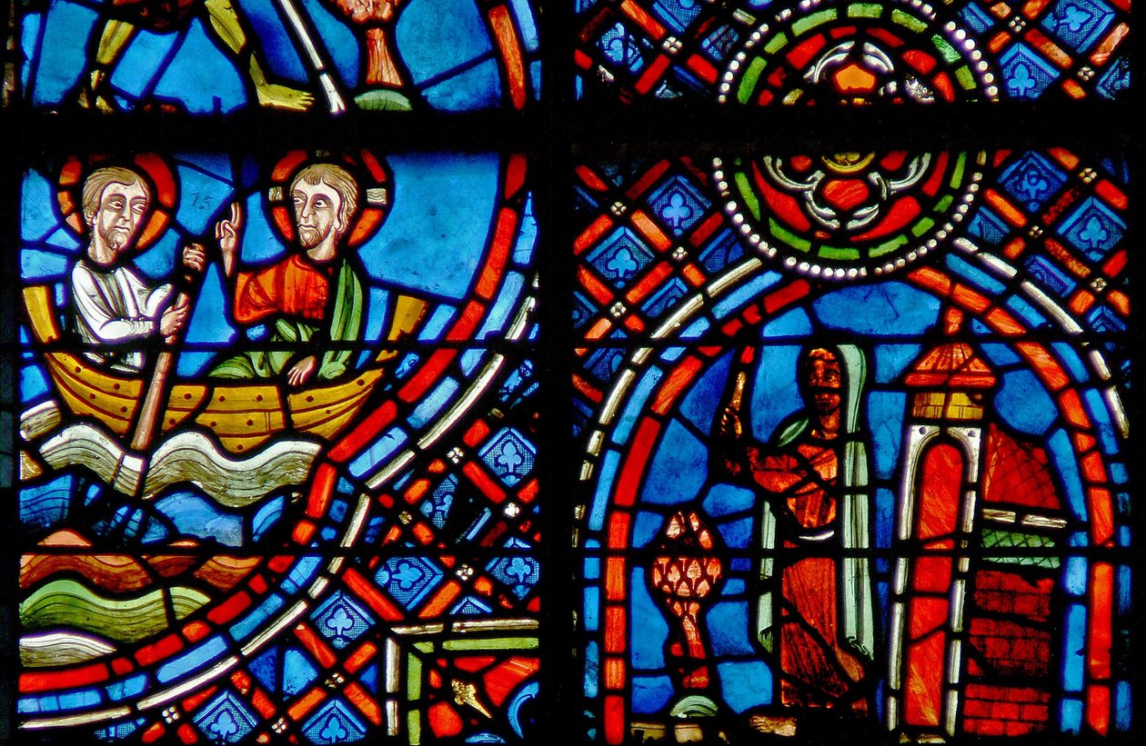 A w23-as ablak, amely azt ábrázolja, hogy St Julian Hospitalier minden este találkozik Krisztussal a folyó másik oldalán alkotó: French School