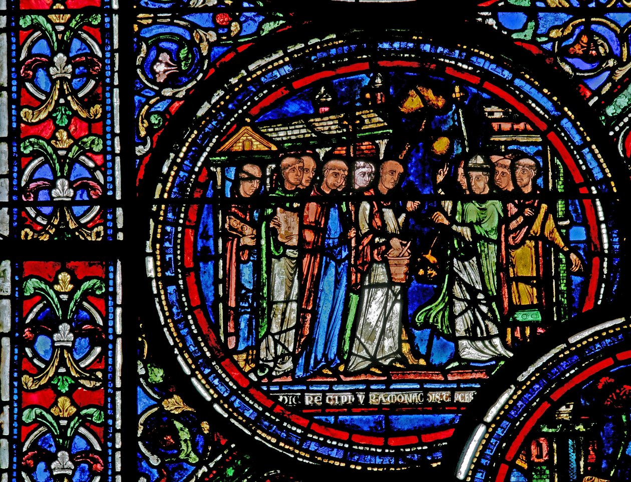 A w23-as ablak, amely Becket Szent Tamást ábrázolja, amelyet a szerzetesek fogadtak Canterburyben alkotó: French School