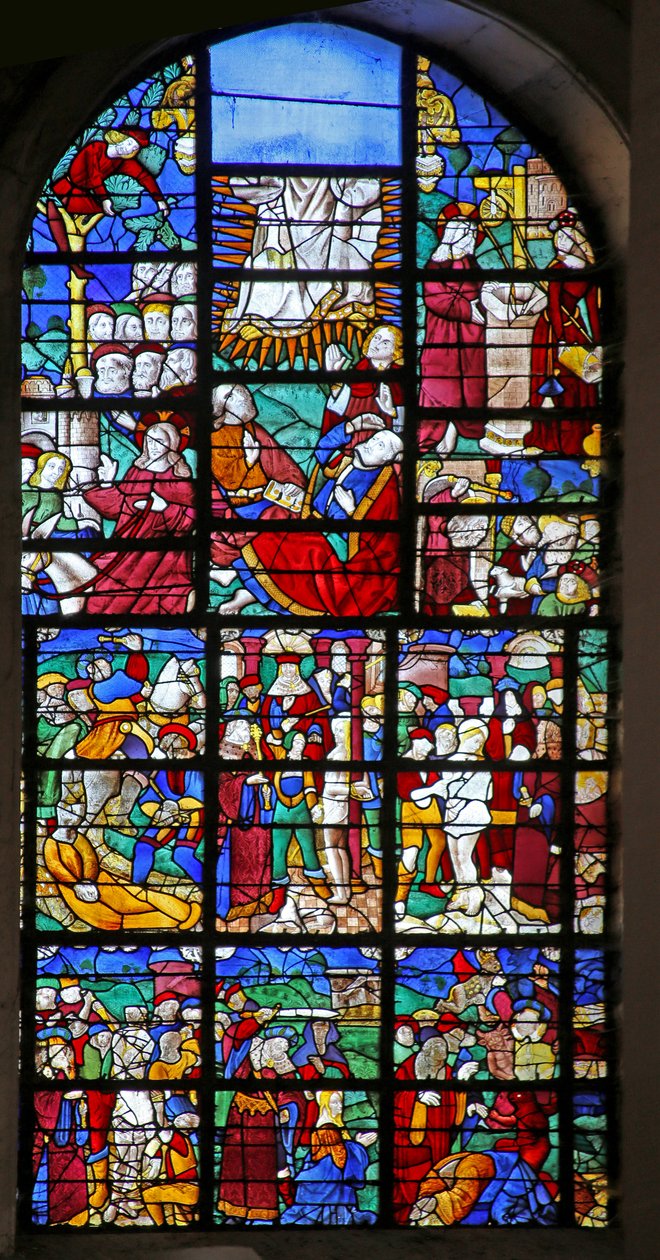 Ablak w27 jeleneteket ábrázol Szent Borbála életéből, valamint a szenvedésből és az átváltozásból alkotó: French School