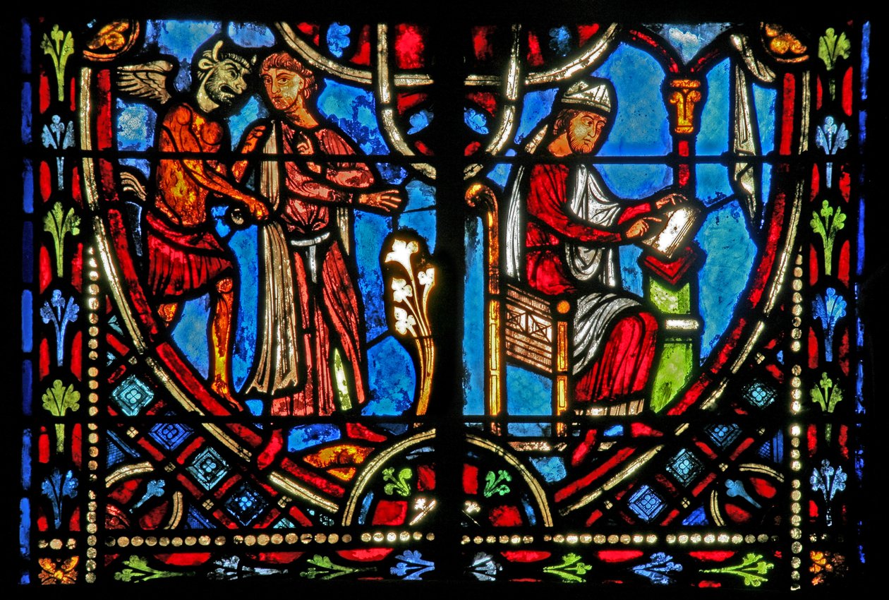 W2 ablak, amely a Theophilus-történet egy jelenetét ábrázolja (modern) alkotó: French School