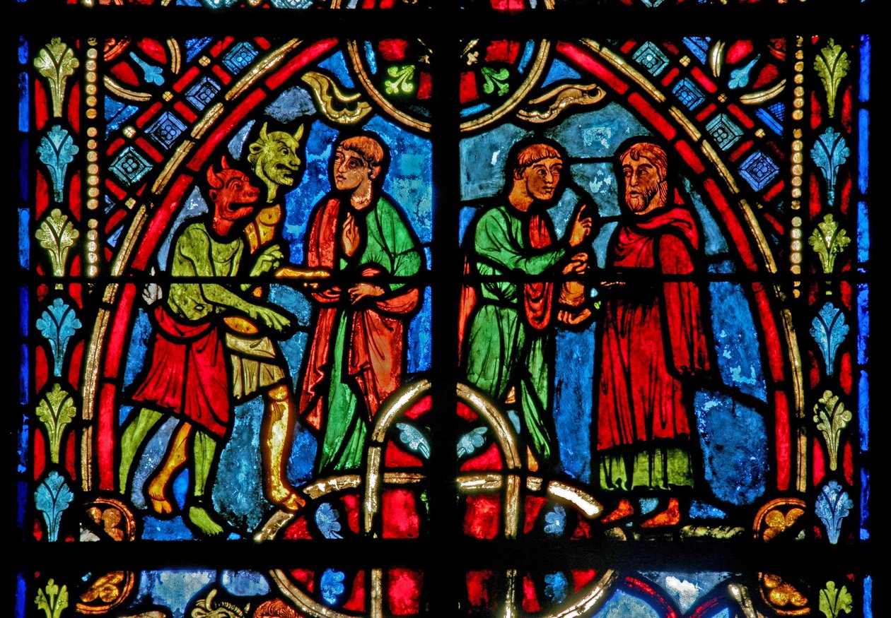 W2 ablak, amely a Theophilus-történet egy jelenetét ábrázolja (modern) alkotó: French School