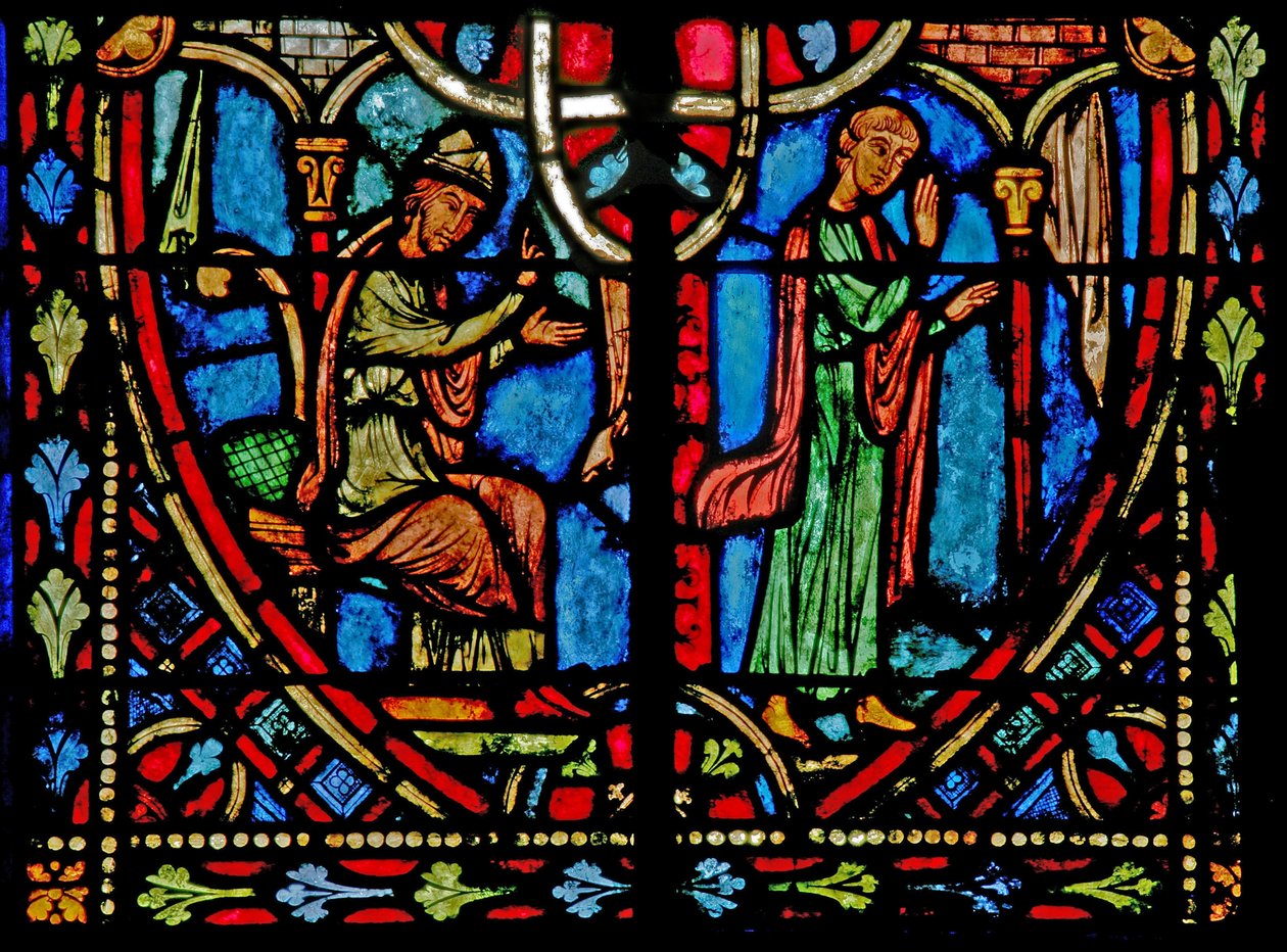 W2 ablak, amely a Theophilus-történet egy jelenetét ábrázolja (modern) alkotó: French School