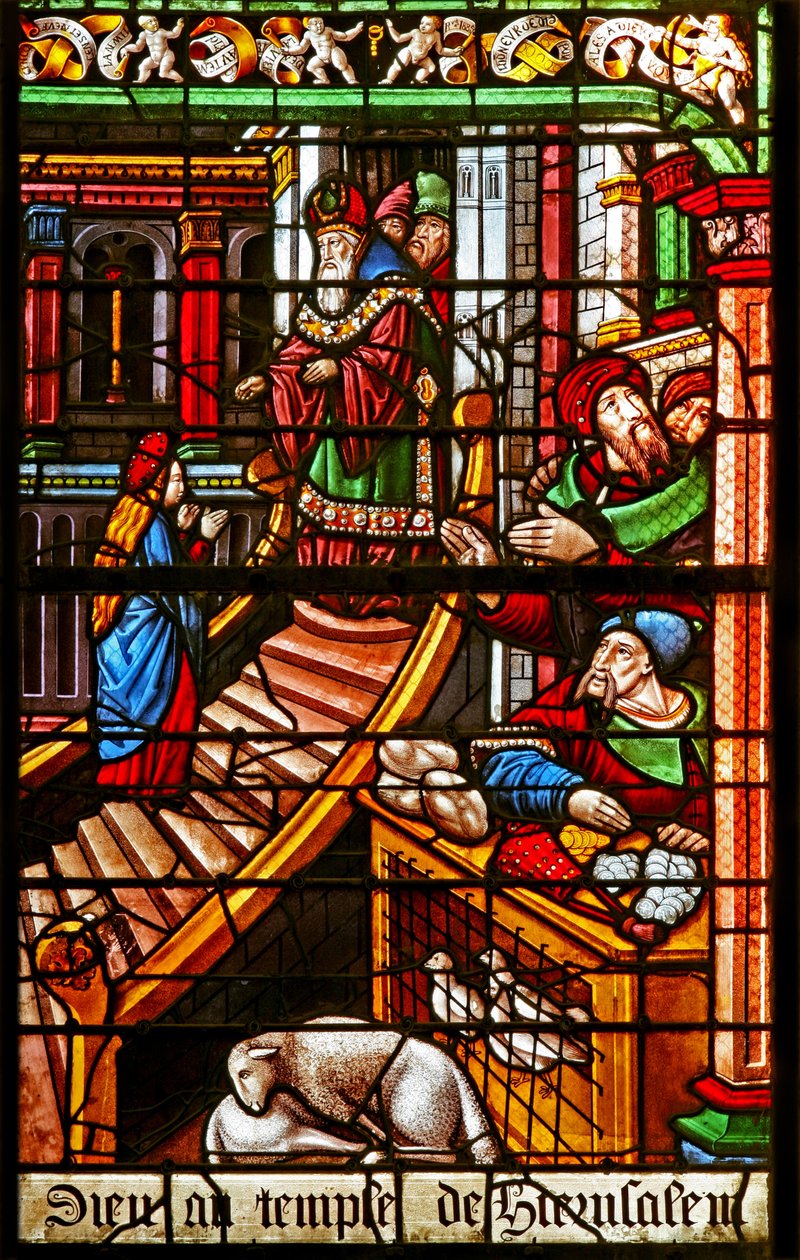 A w38-as ablak Szűz Mária élete jelenetét ábrázolja: bemutatója a templomban alkotó: French School