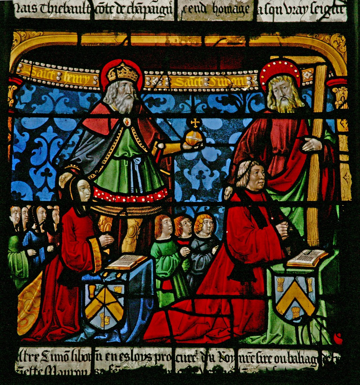 W3-as ablak, amely adományozókat ábrázol – Henriette de Mauroy és Simon Liboron gyermekeikkel, valamint védőszentjei, cirénei Szent Henrik és Simon alkotó: French School