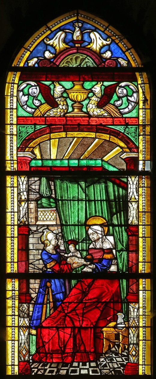 Szűz Mária születését ábrázoló w3 ablak alkotó: French School