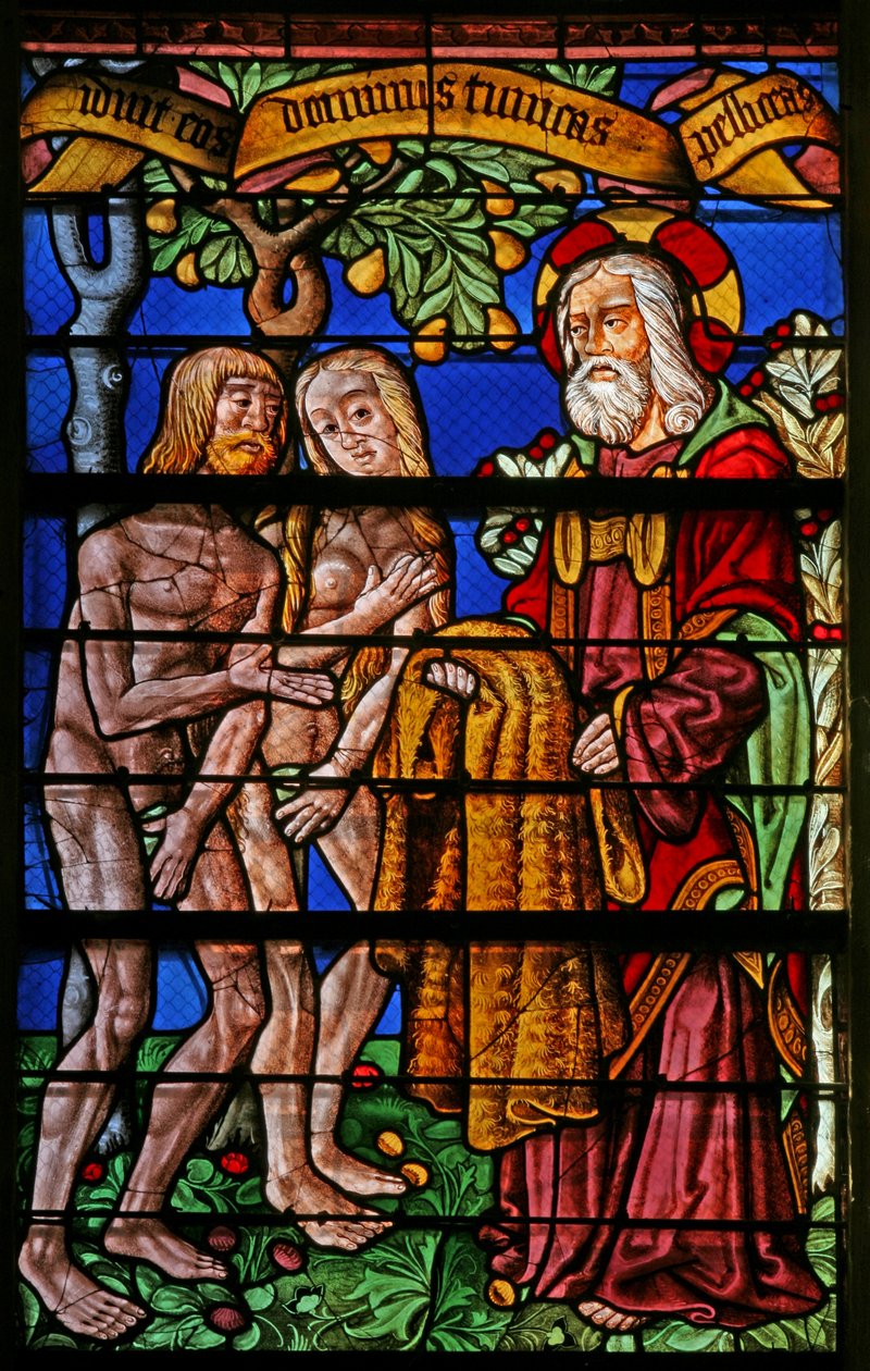 A w40-es ablak Ádám és Éva ruháit ábrázolja alkotó: French School