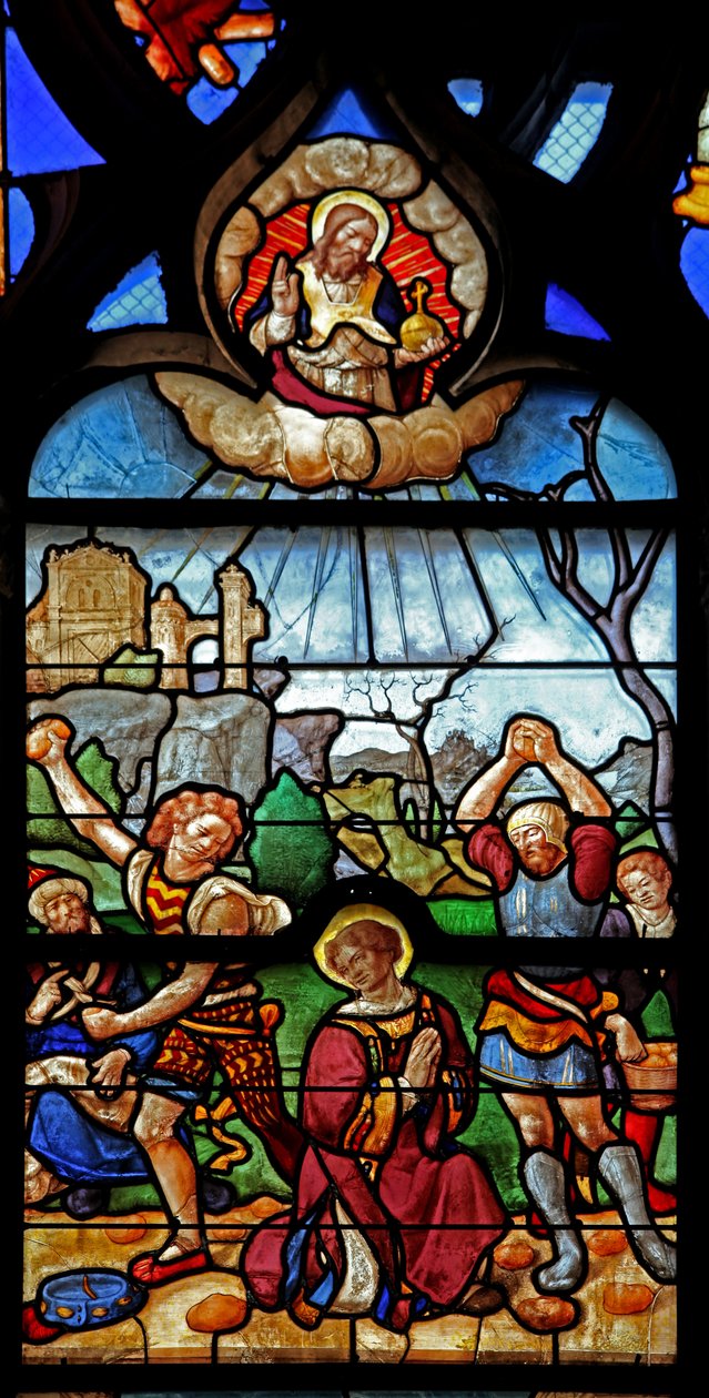 A w46-os ablak Szent István vértanúságát ábrázolja alkotó: French School
