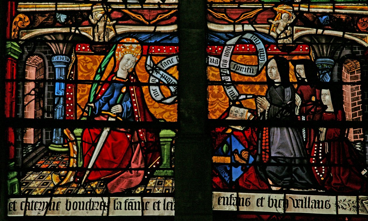 W4-es ablak, amely egy adományozót ábrázol – Catherine Boucheret családjával és Szent Katalinnal alkotó: French School
