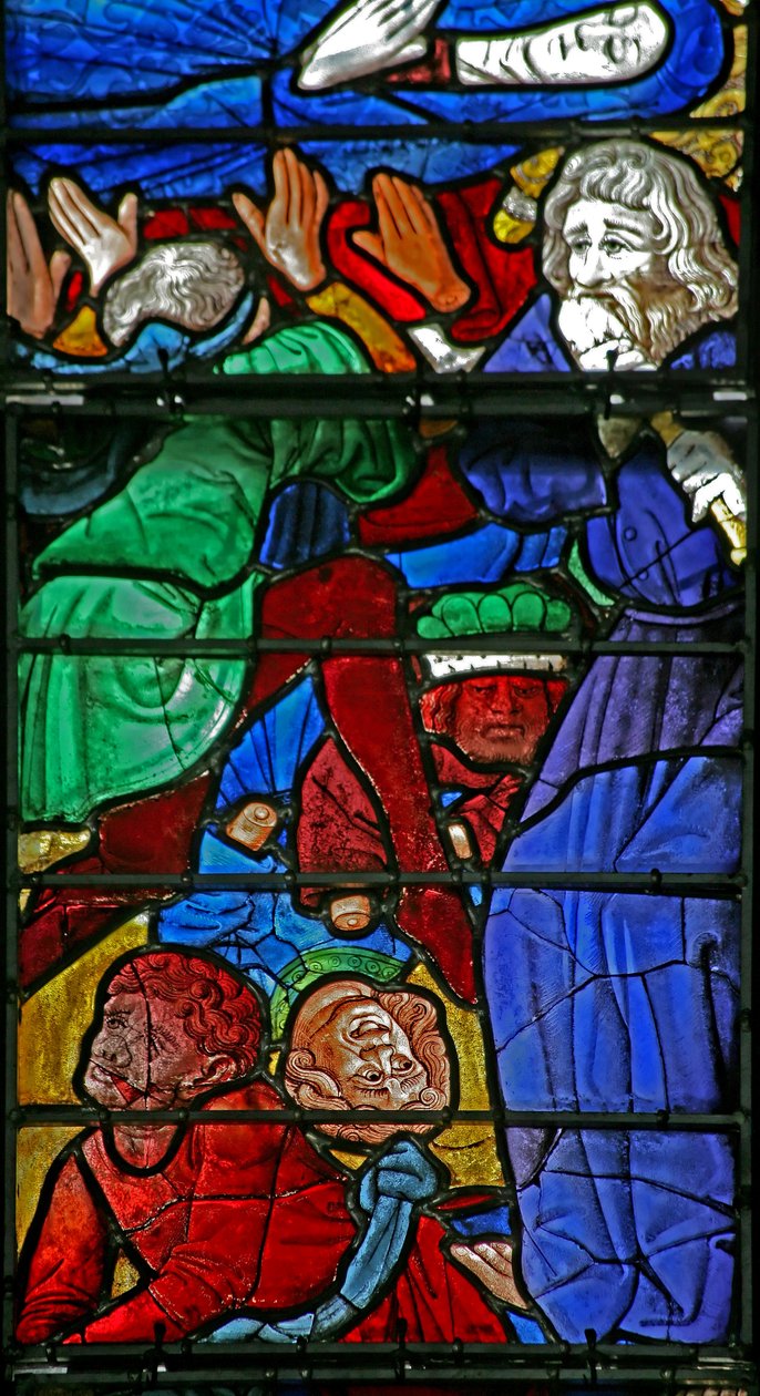 W4-es ablak Szűz Mária temetését és a koporsó felborítását (a Bourges-i fiút) ábrázolja alkotó: French School