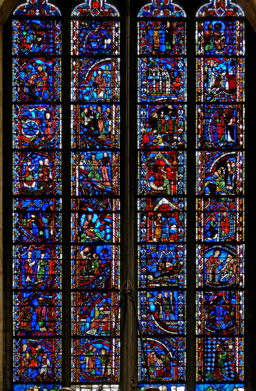 Ablak w53 jeleneteket ábrázol Szent Katalin, Szent Miklós, Keresztelő Szent János, Szent István életéből alkotó: French School