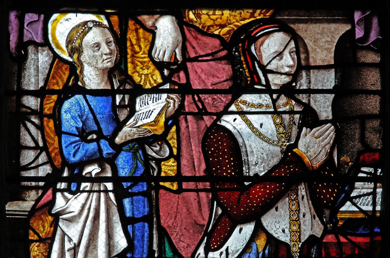 W5 ablak, amely Montmorency adományozó feleségét és lányát ábrázolja alkotó: French School