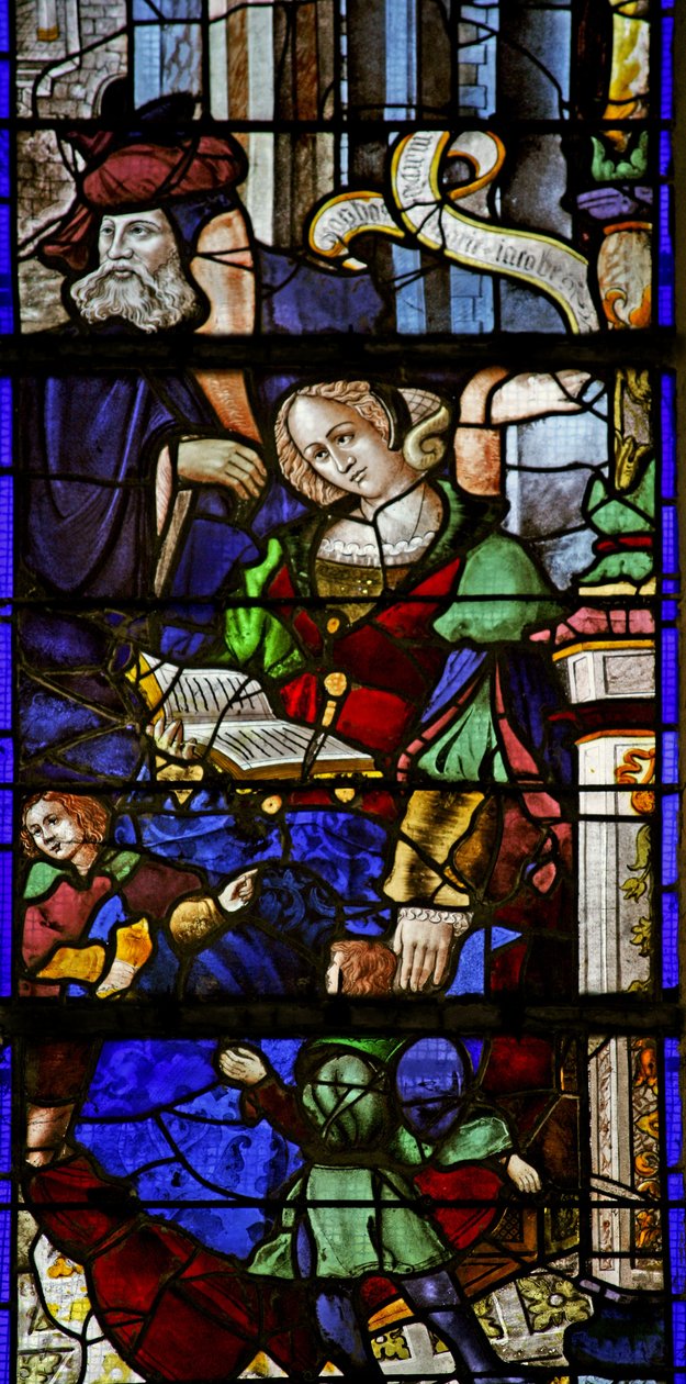 W6 ablak, amely Mary Jacobe-ot és családját ábrázolja alkotó: French School