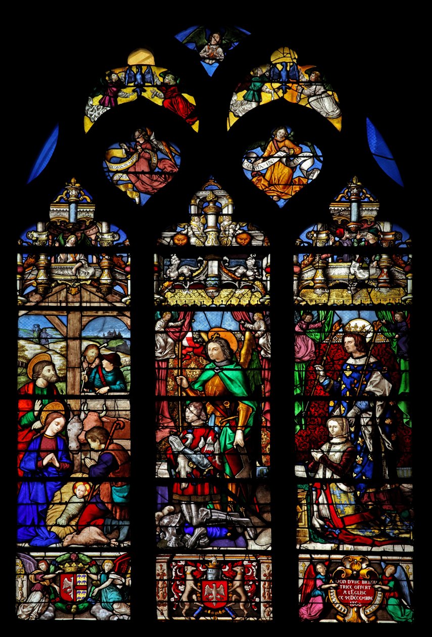 W6 ablak, amely a születést pásztorokkal ábrázolja; adományozók Gaspard de Coligny és felesége és védőszentjei alkotó: French School