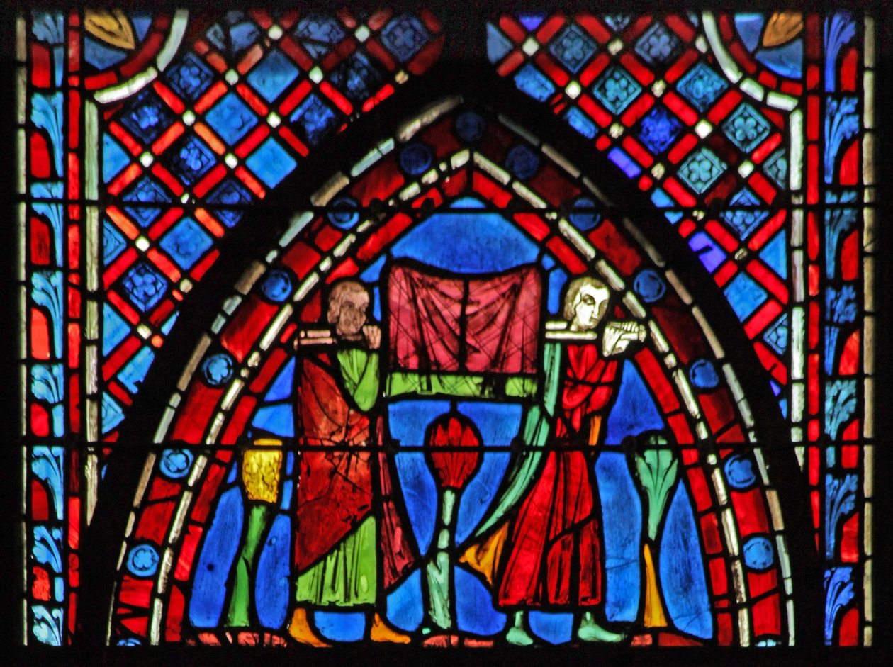 Window w7 St John: két fiatalember hozza a holmiját alkotó: French School