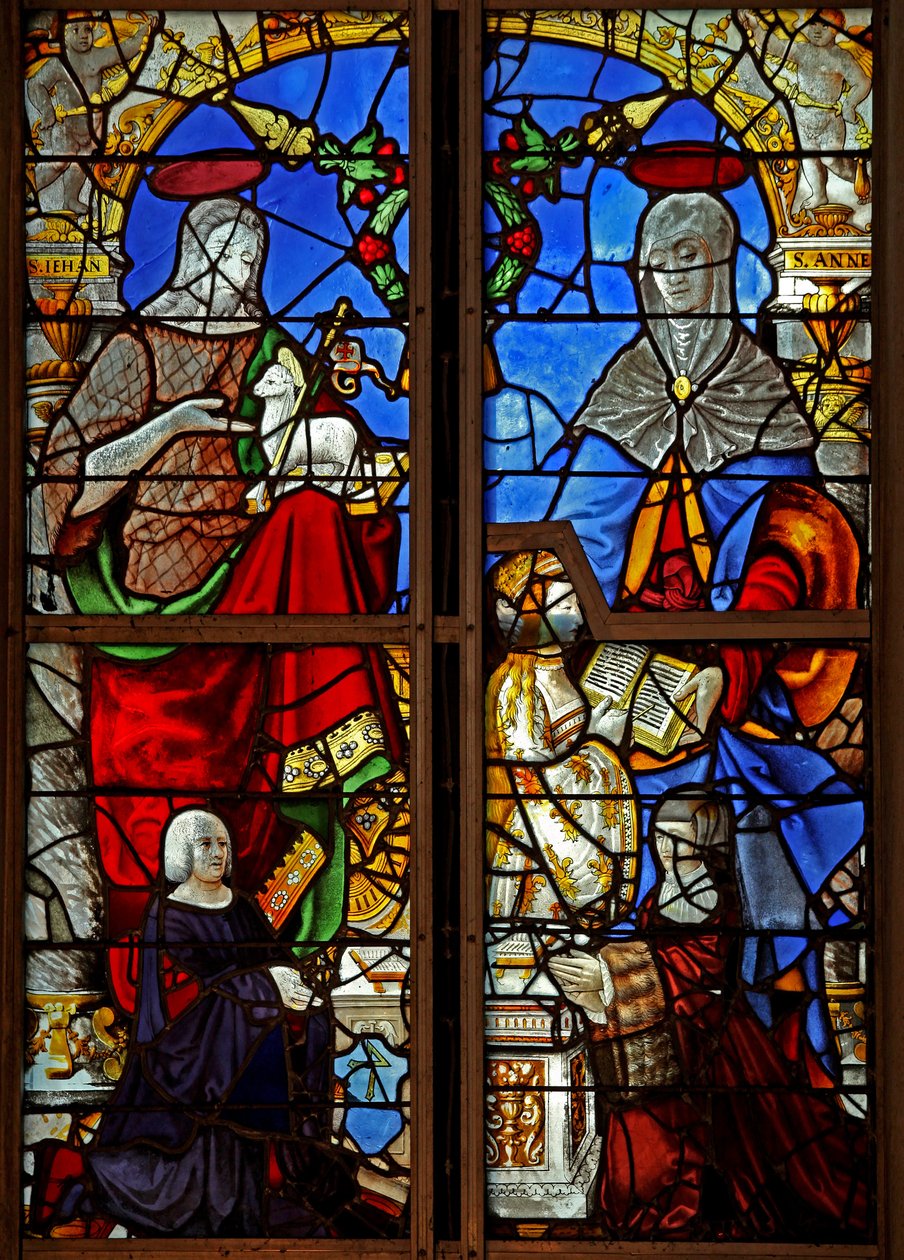 W8 ablak, amely adományozókat ábrázol Keresztelő Szent Jánossal; Szűz Máriát olvasni tanító Szent Anna is alkotó: French School