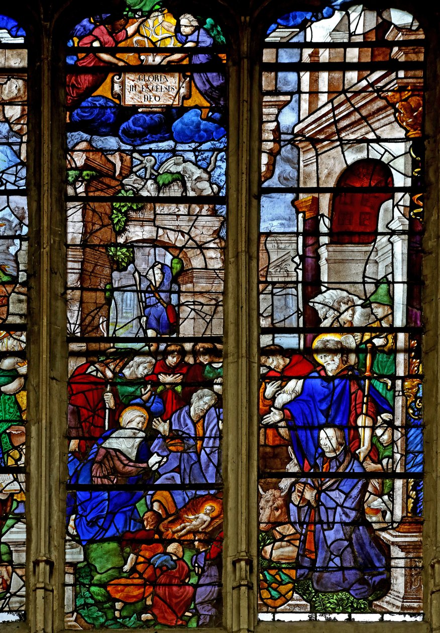 W9 ablak, amely a Pásztorok imádását ábrázolja; az adományozó, Baurot és St Roche alkotó: French School