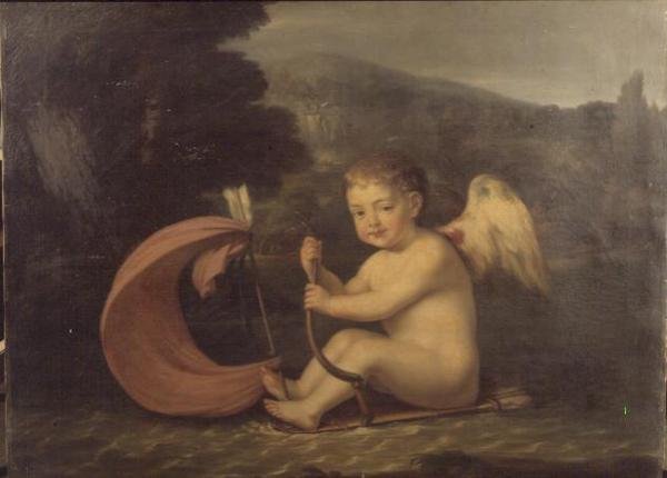 Szárnyas Ámor, tegez törzsű és nyílárbocos csónakon vitorlázik, 1800 körül alkotó: French School