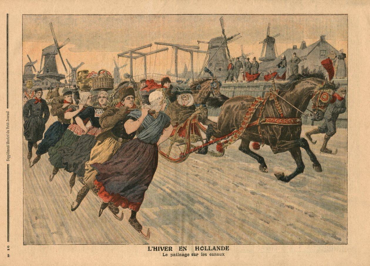 Tél Hollandiában, korcsolyázás a csatornán, illusztráció a 
