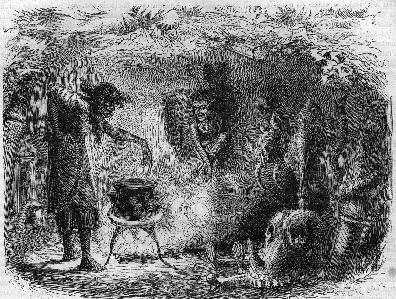 Boszorkánygyakorlat: boszorkány boszorkány körül egy bográcsban, varázsitalokat és szereket készít. Metszet a „Histoire des Papes-Rois-Queen and Empereurs a travers les centuries” című könyvébe, Maurice Lachatre alkotó: French School