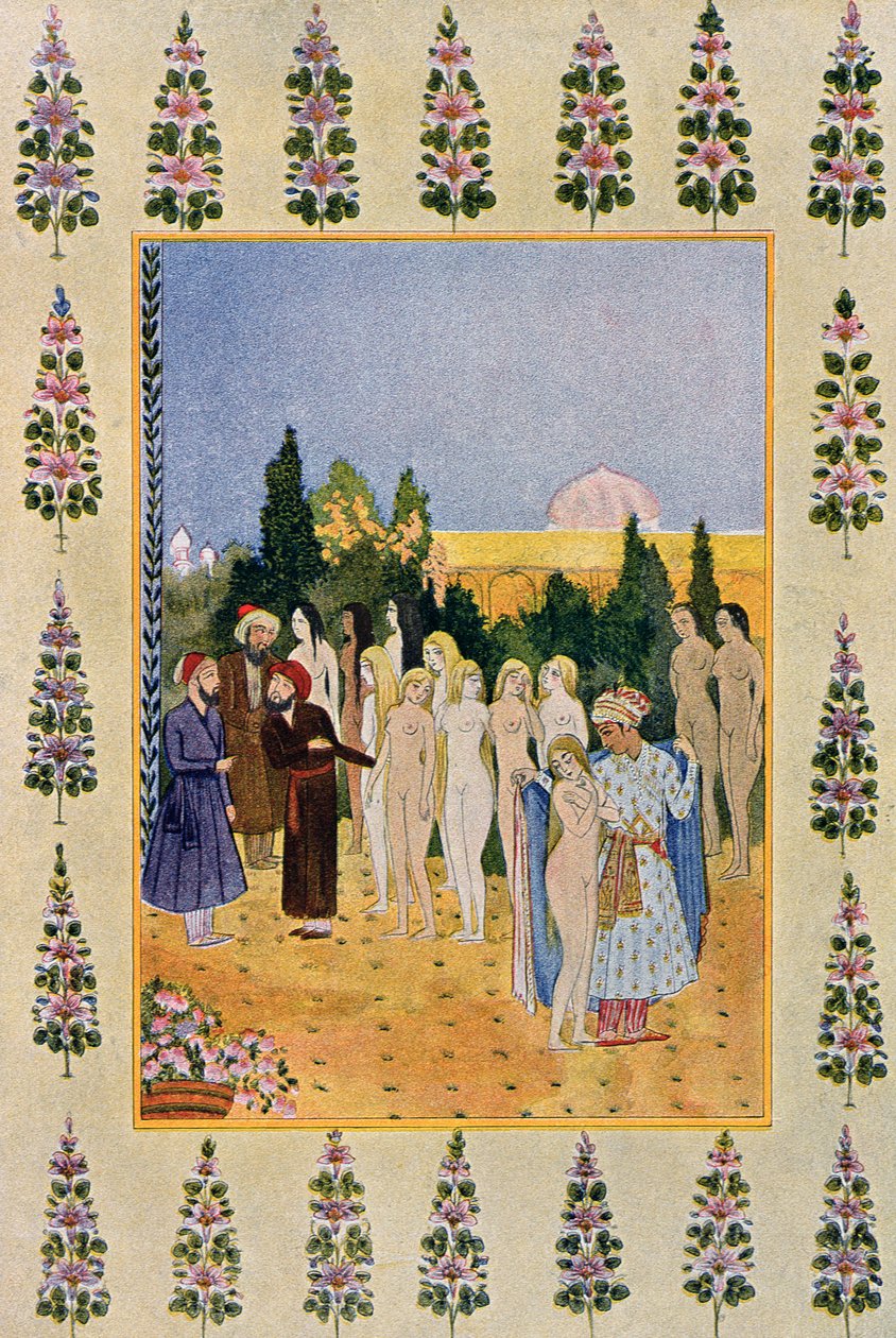 A köpenymmel megvédem a meztelenségét, illusztráció az Arab éjszakákból, 1895 (színes metszet) alkotó: French School