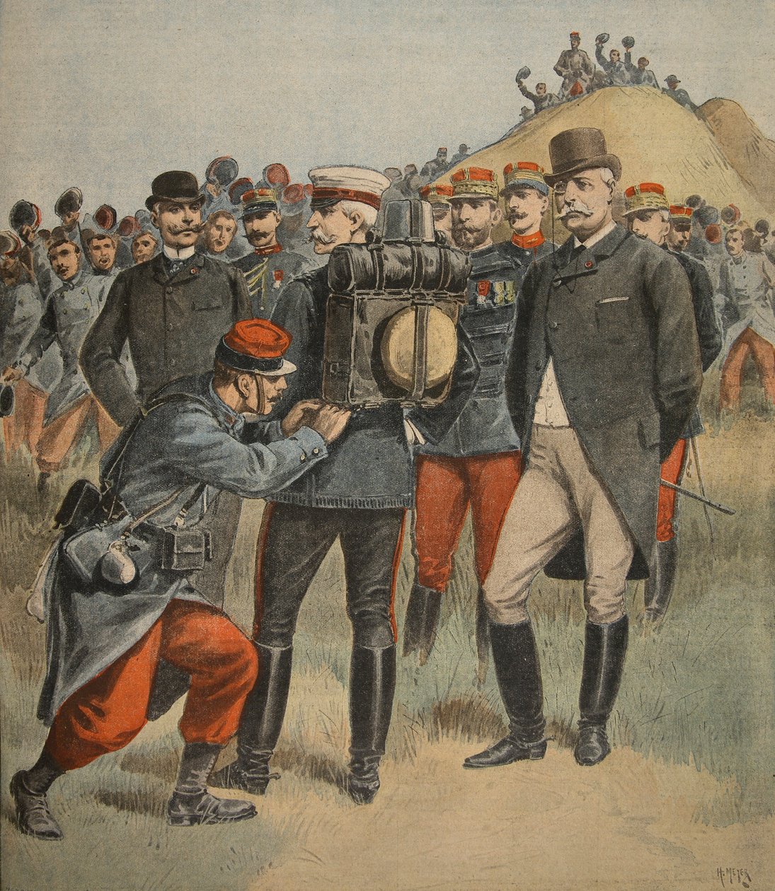 A hadsereg manővereivel: Connaught hercege egy katona táskáját teszteli, illusztráció a Le Petit Journal: Supplement illustre, 1898. október 2. alkotó: French School