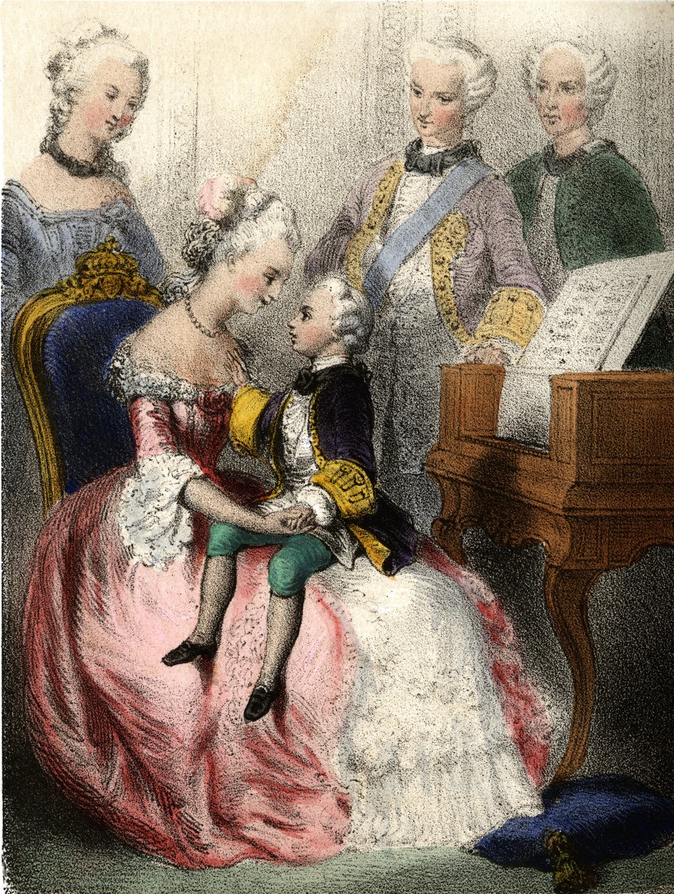 Wolfgang Amadeus Mozart (1756-1791) az osztrák impressz Marie-Therese (marie Therese) karjaiban - Madame Eugenie Foa „A jeles gyerekek – történelmi mesék” című művében alkotó: French School