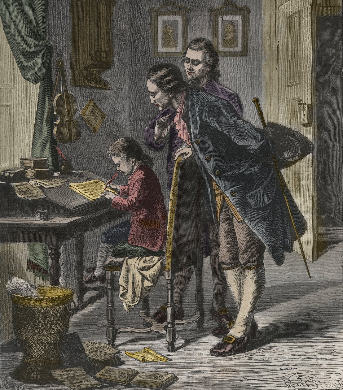 Wolfgang Amadeus Mozart versenyművet ír édesapja, Leopold jelenlétében, illusztráció a „La Musique Populaire”-ből alkotó: French School