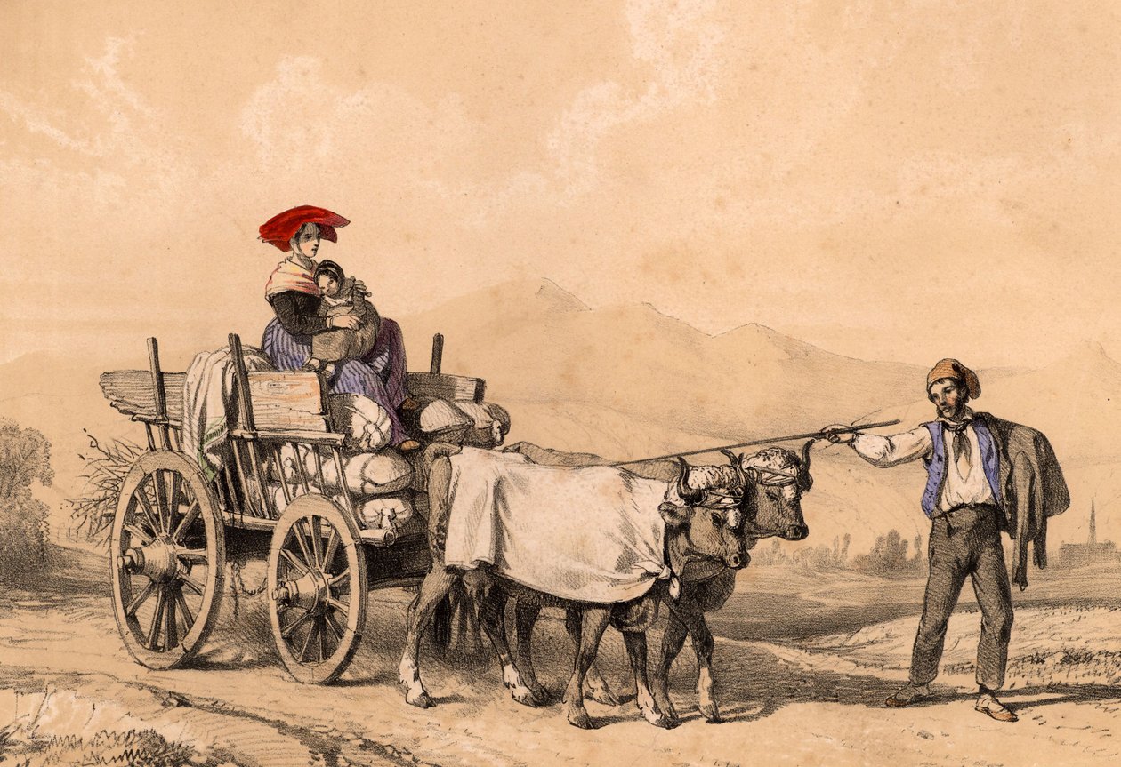 Nő és gyermek hagyományos ruhában, zsákokkal teli szekéren lovagolnak, 1840 körül alkotó: French School