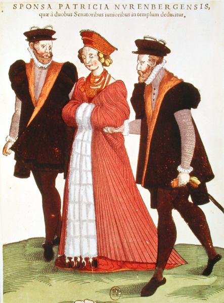 Nürnbergi nőt két szenátor kísér a templomba, 1572 alkotó: French School
