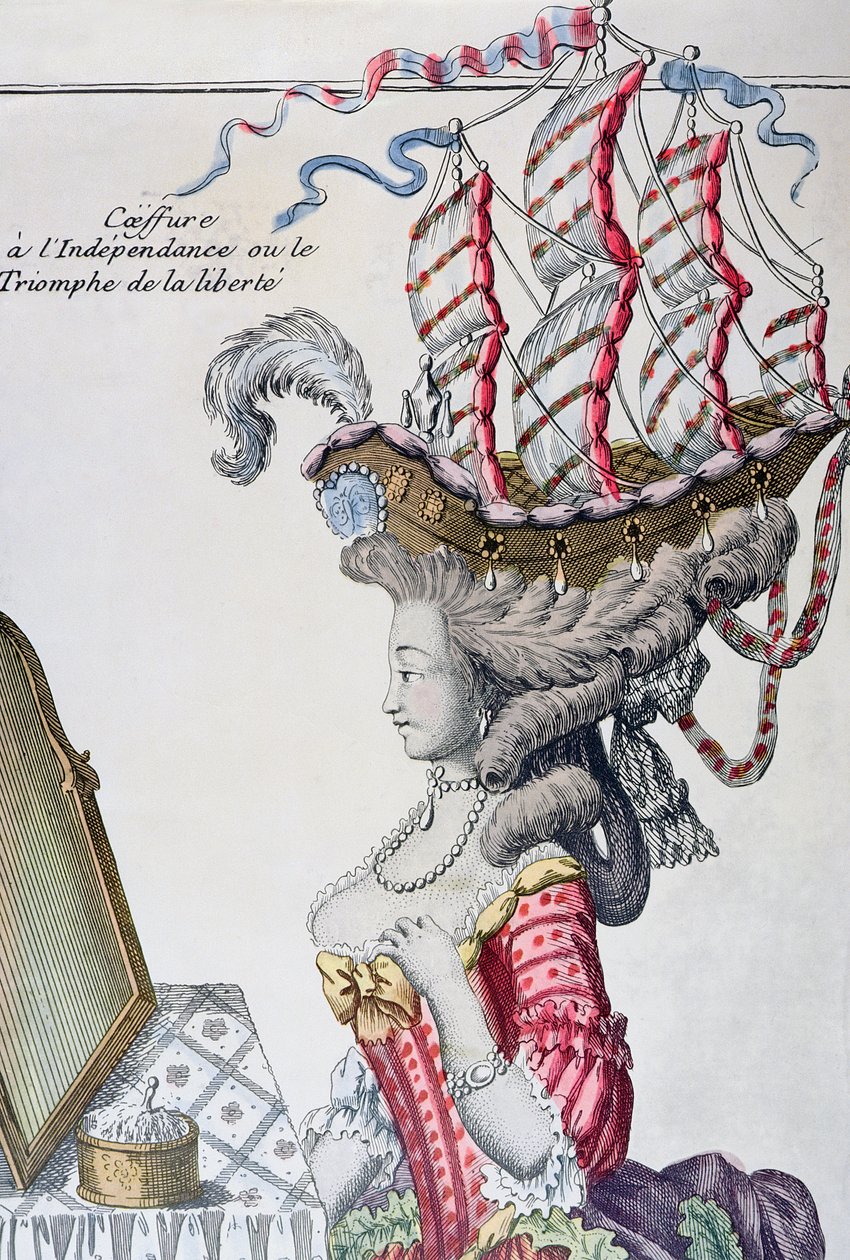 Nő nappali ruhában, frizurával a la Belle Poule, az amerikai függetlenség időszaka, 1779-80 alkotó: French School